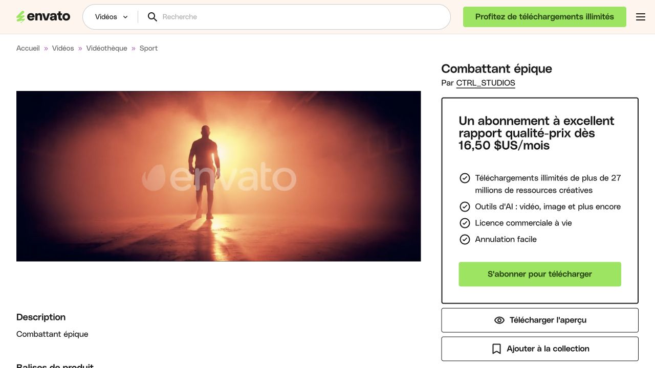 Fiche Envato Combattant épique de CTRL STUDIOS avec l’aperçu orange filigrané