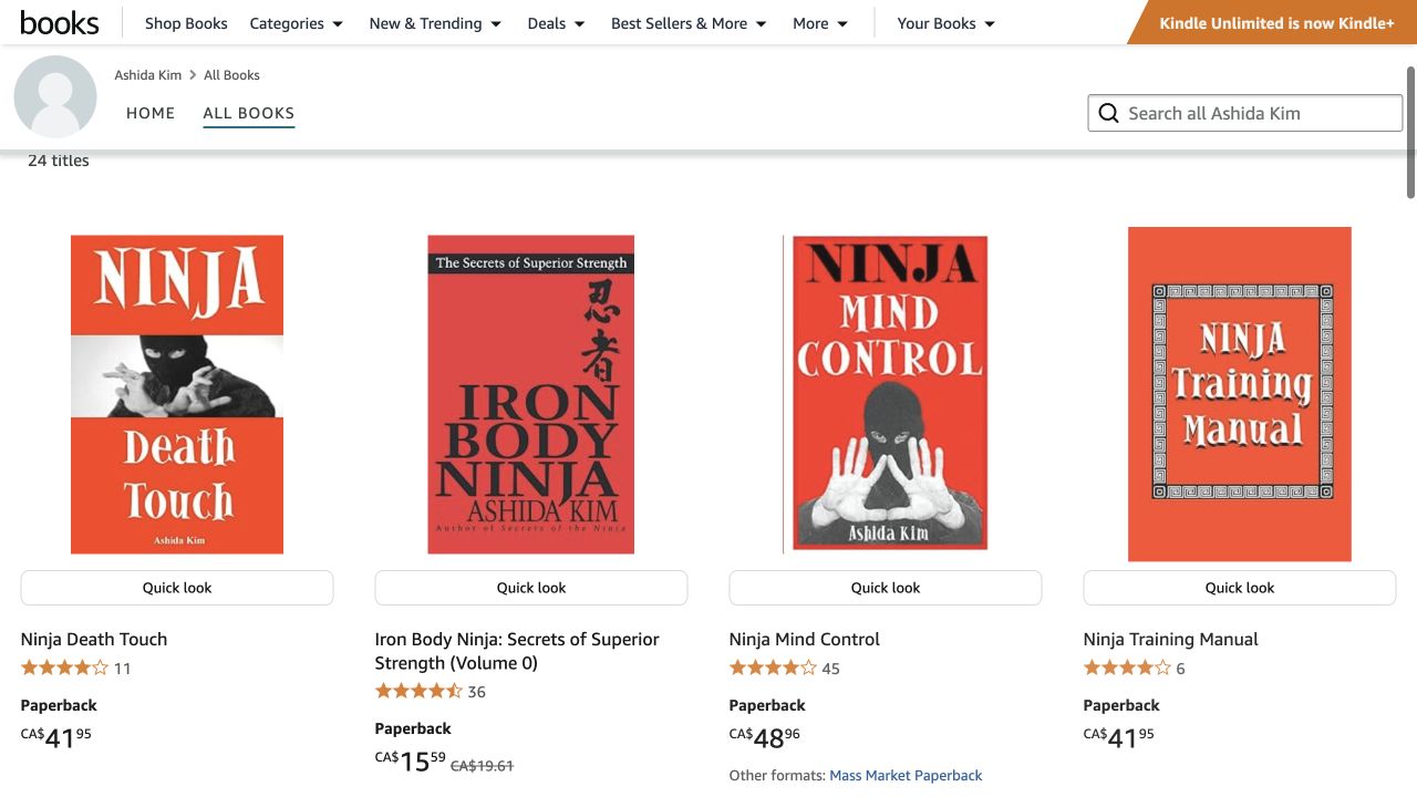 Page auteur Amazon Ashida Kim, onglet All Books, avec Iron Body Ninja et Ninja Mind Control